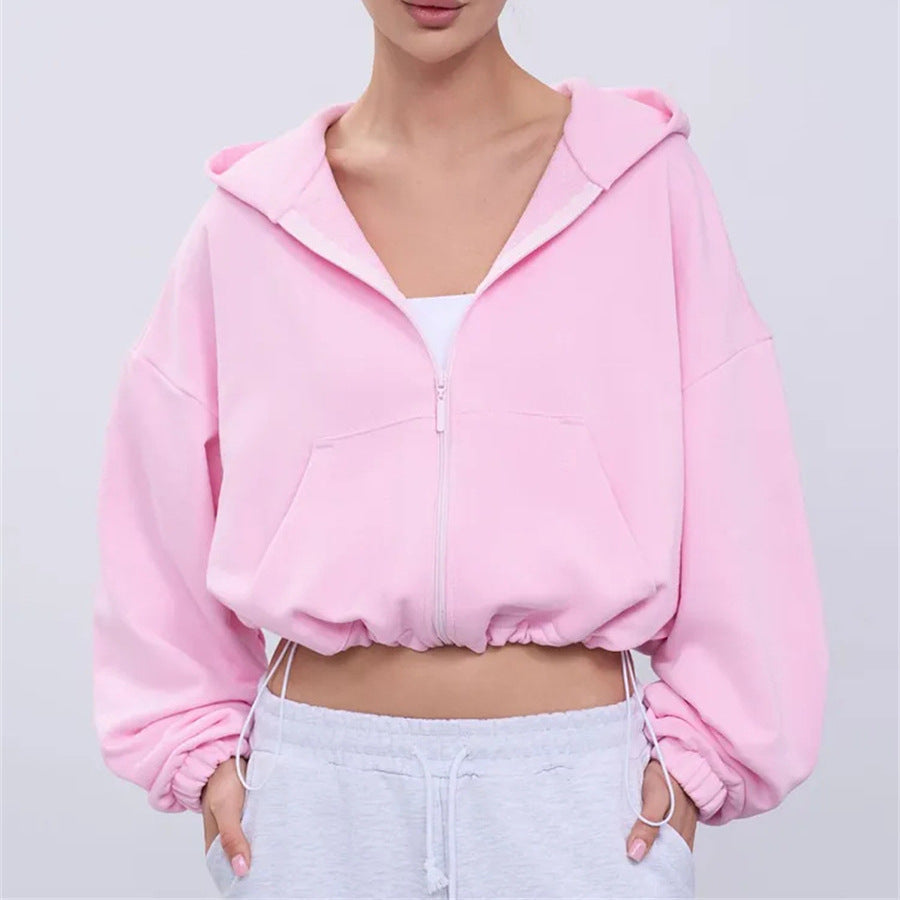 Damen Cropped Kapuzenjacke Reißverschluss Übergroße Ärmel Norvielle