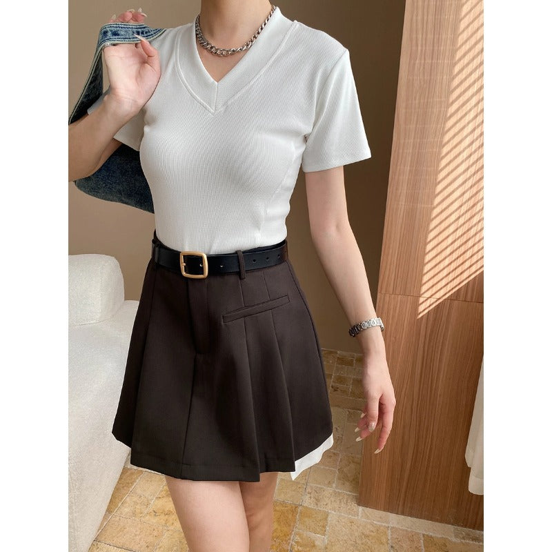 Damen V-Ausschnitt T-Shirt Rippstrick Norvielle