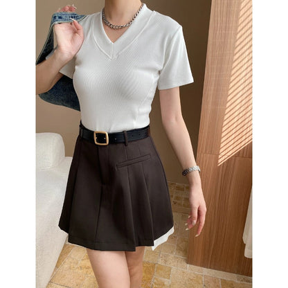 Damen V-Ausschnitt T-Shirt Rippstrick Norvielle