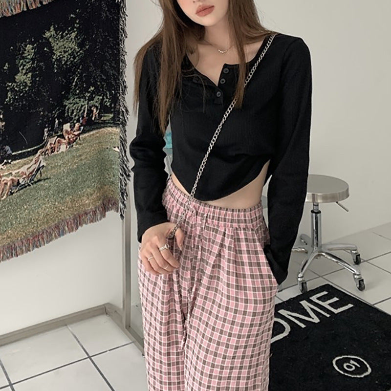 Damen Langarmshirt Rippdesign Knopfleiste Weiß