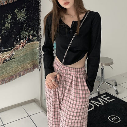 Damen Langarmshirt Rippdesign Knopfleiste Weiß