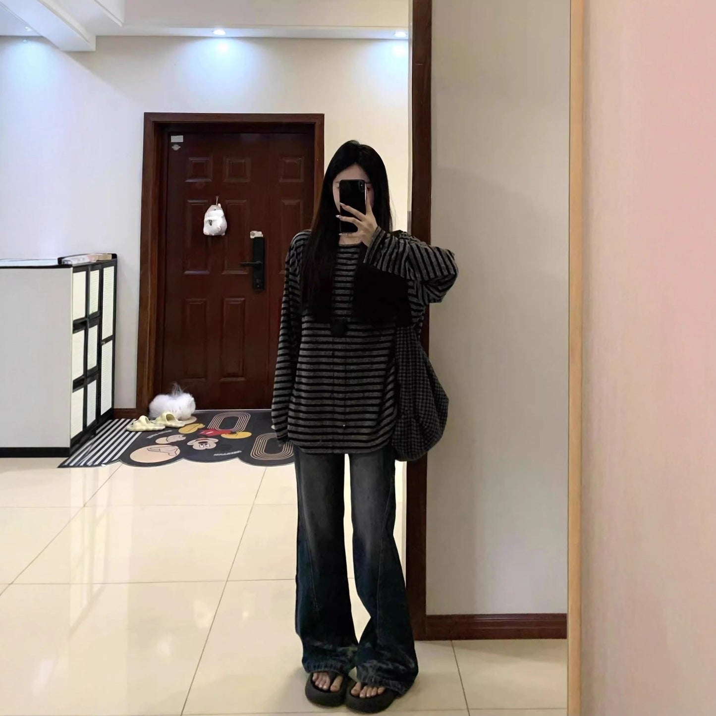 Damen Oversized-Shirt Gestreift Weite Ärmel -Weiß