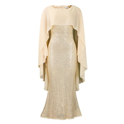 Damen Abendkleid Pailletten Cape Schimmernd