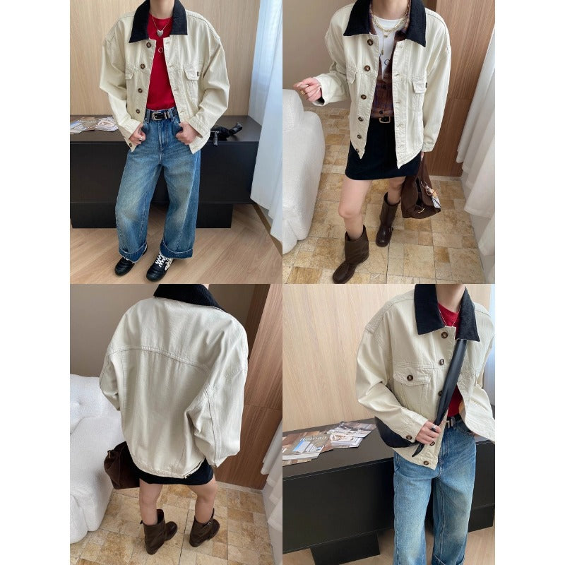 Damen Jeansjacke Mit Kontrastkragen Und Taschen