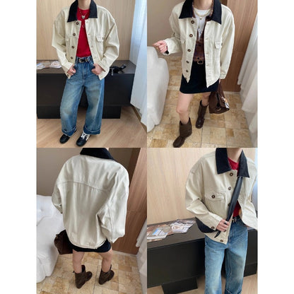 Damen Jeansjacke Mit Kontrastkragen Und Taschen