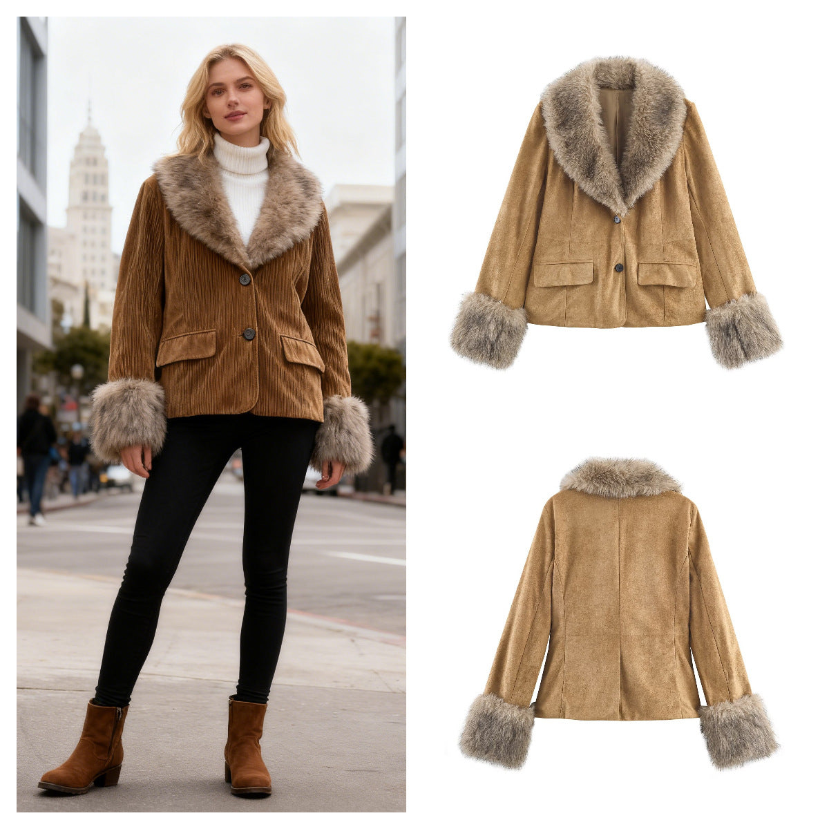 Damen Kunstlederjacke Kunstfellkragen Schwarz - Norvielle