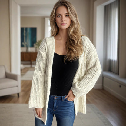 Damen Strickjacke Offen Vorne Lässig Beige