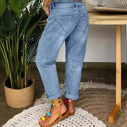 Damen Relaxed Fit Jeans Hochknöpfe Distressed Aussehen