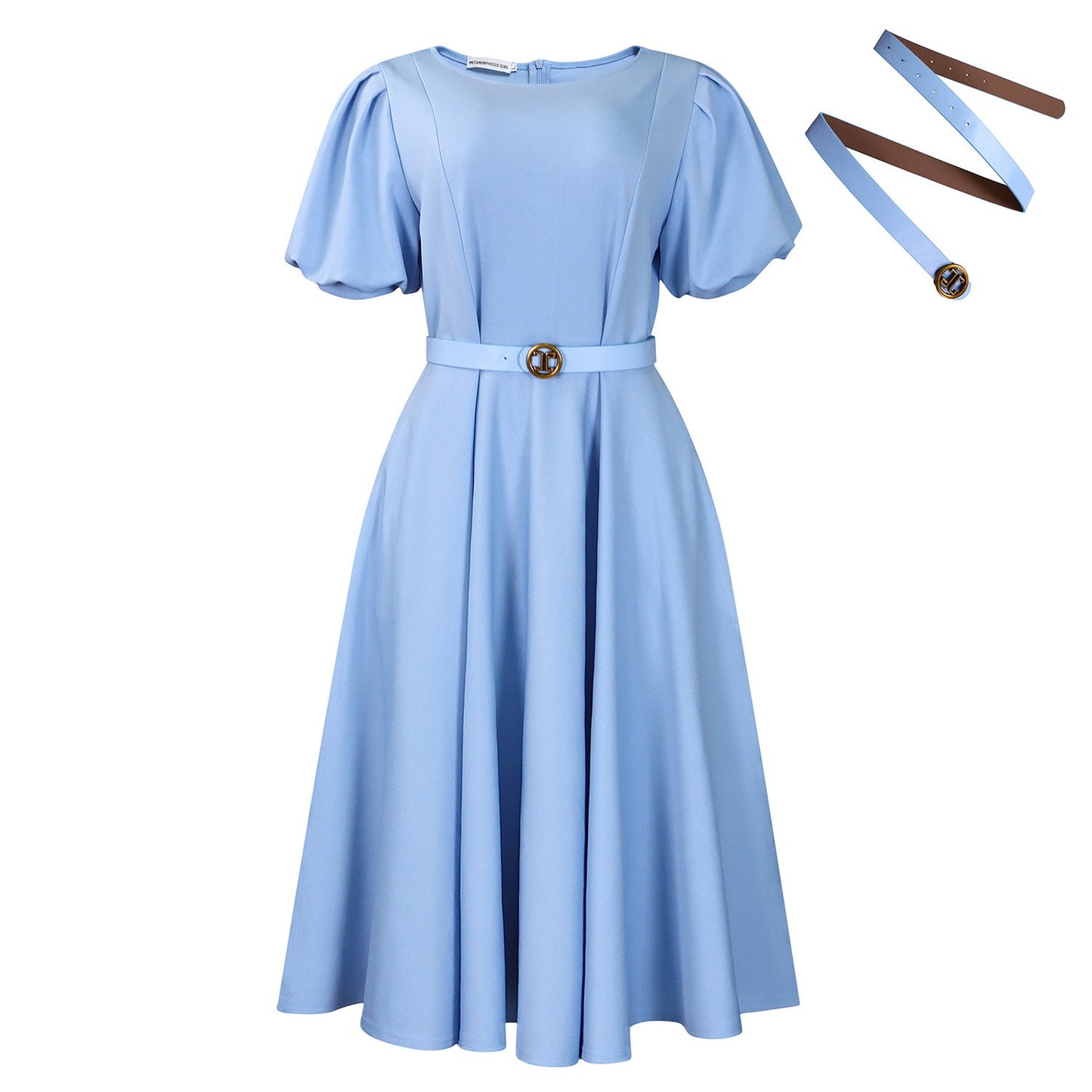 Damen Midi-Kleid Puffärmel Taillengürtel