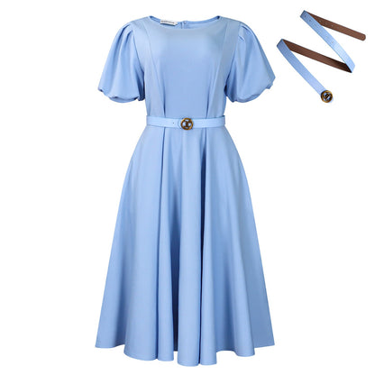 Damen Midi-Kleid Puffärmel Taillengürtel