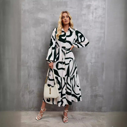Damen Langarmkleid mit Muster und Bindegürtel
