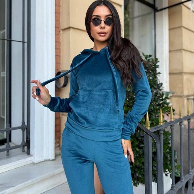 Damen Velours Loungewear Set mit Kapuze elastisch