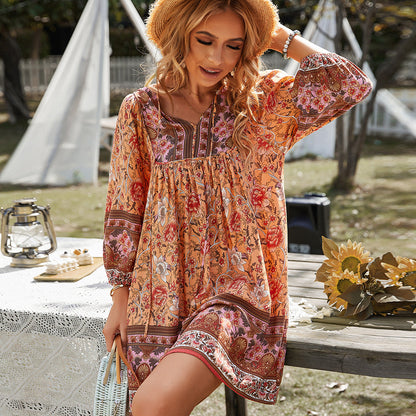 Ritchie Damen Sommerkleid Blumendruck V-Ausschnitt Weit Bischofsärmel - Norvielle