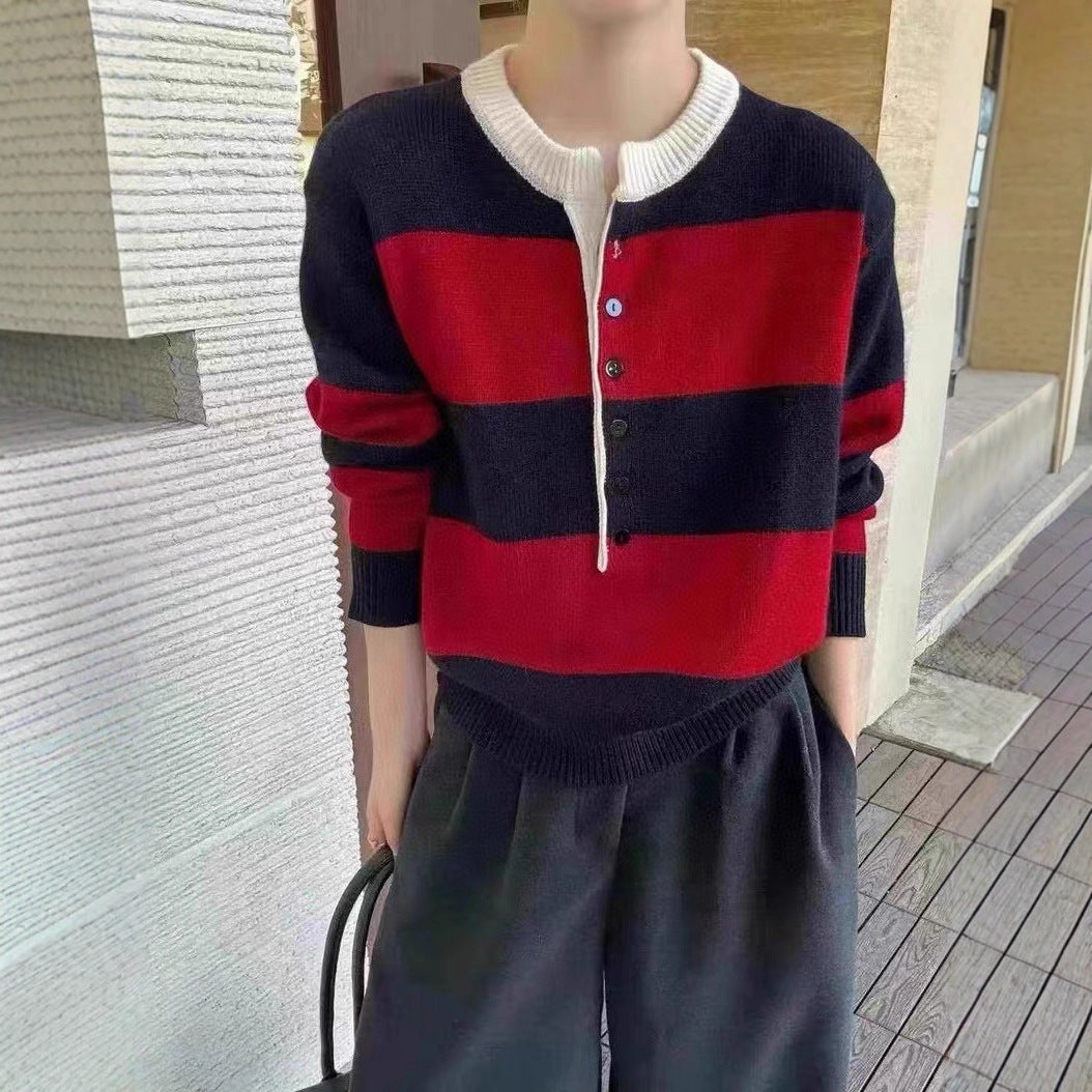 Damen Strickpullover Kurzärmelig Knopfleiste Kontraststreifen