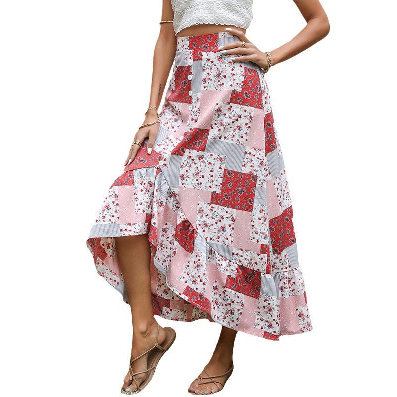 Damen Maxi-Rock Patchwork-Design Knöpfe Multicolor