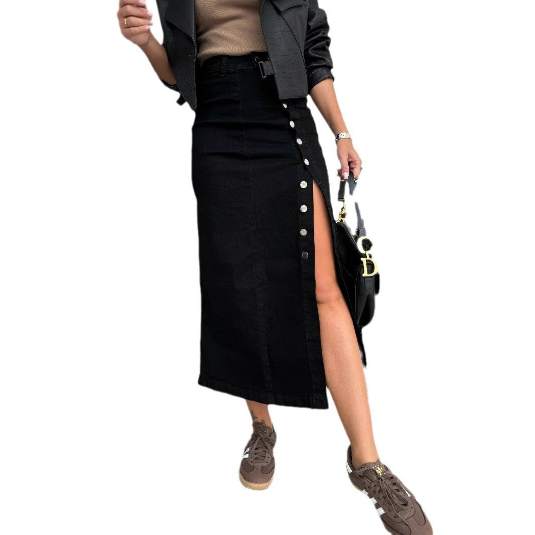 Damen Denim-Rock Lang Knöpfe Seiten-Schlitz Norvielle