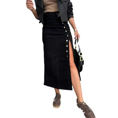 Damen Denim-Rock Lang Knöpfe Seiten-Schlitz Norvielle