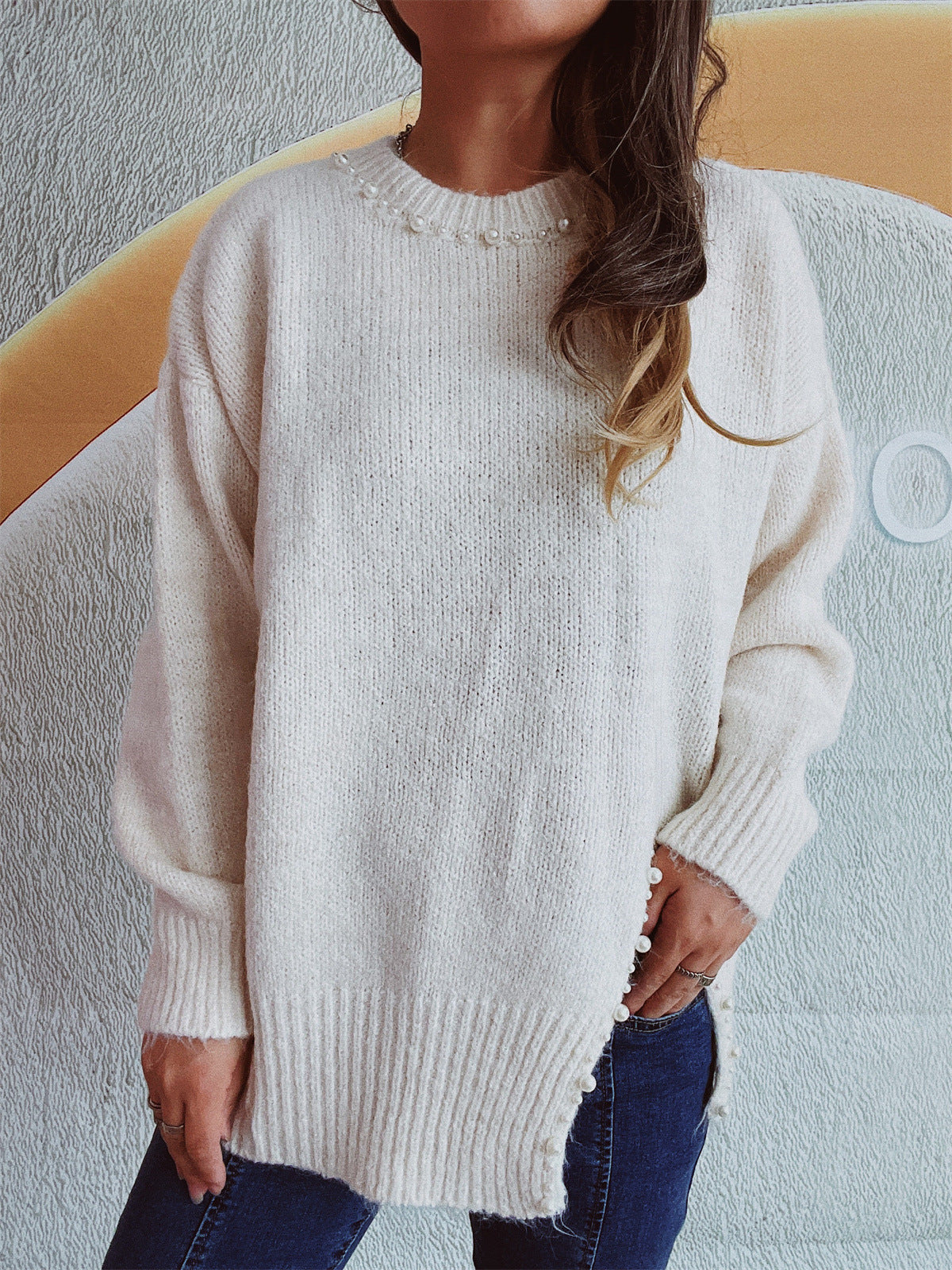 Damen Pullover Kuschelfleece Mit Perlenverzierung Norvielle