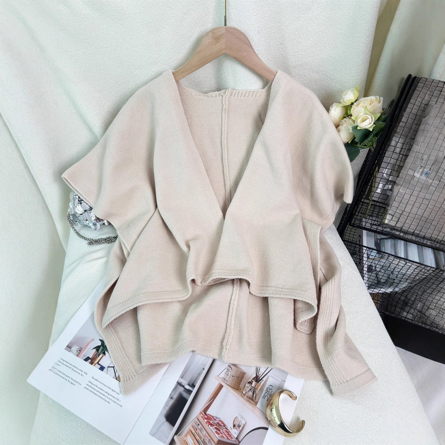 Norvielle Damen Strickjacke Asymmetrisch V-Ausschnitt Beige - Norvielle