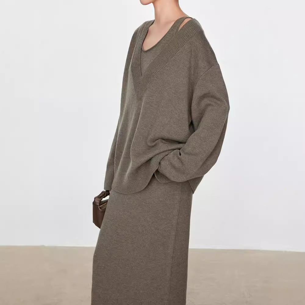 Damen Grobstrickpullover V-Ausschnitt Übergroßer Schnitt Norvielle