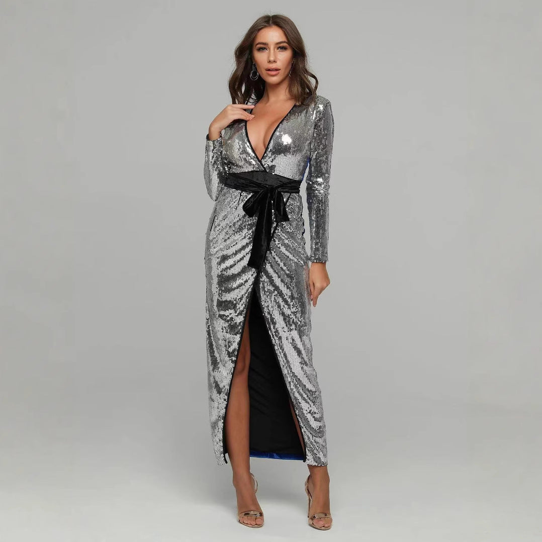Damen Abendkleid Glitzernd V-Ausschnitt Elegante Schärpe