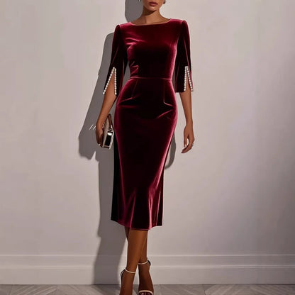 Damen Samtkleid Figurbetont Perlendetails Schwarz - Norvielle