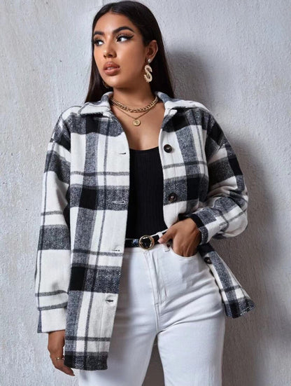 Damen Hemdjacke Karo Weiches Fleece Lässiger Schnitt