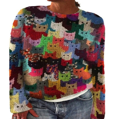 Damen Strickpullover Katzenmuster Norvielle