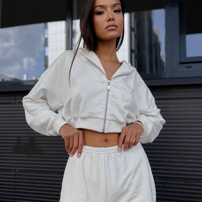 Damen Cropped Hoodie Kurze Shorts Lässig Grau