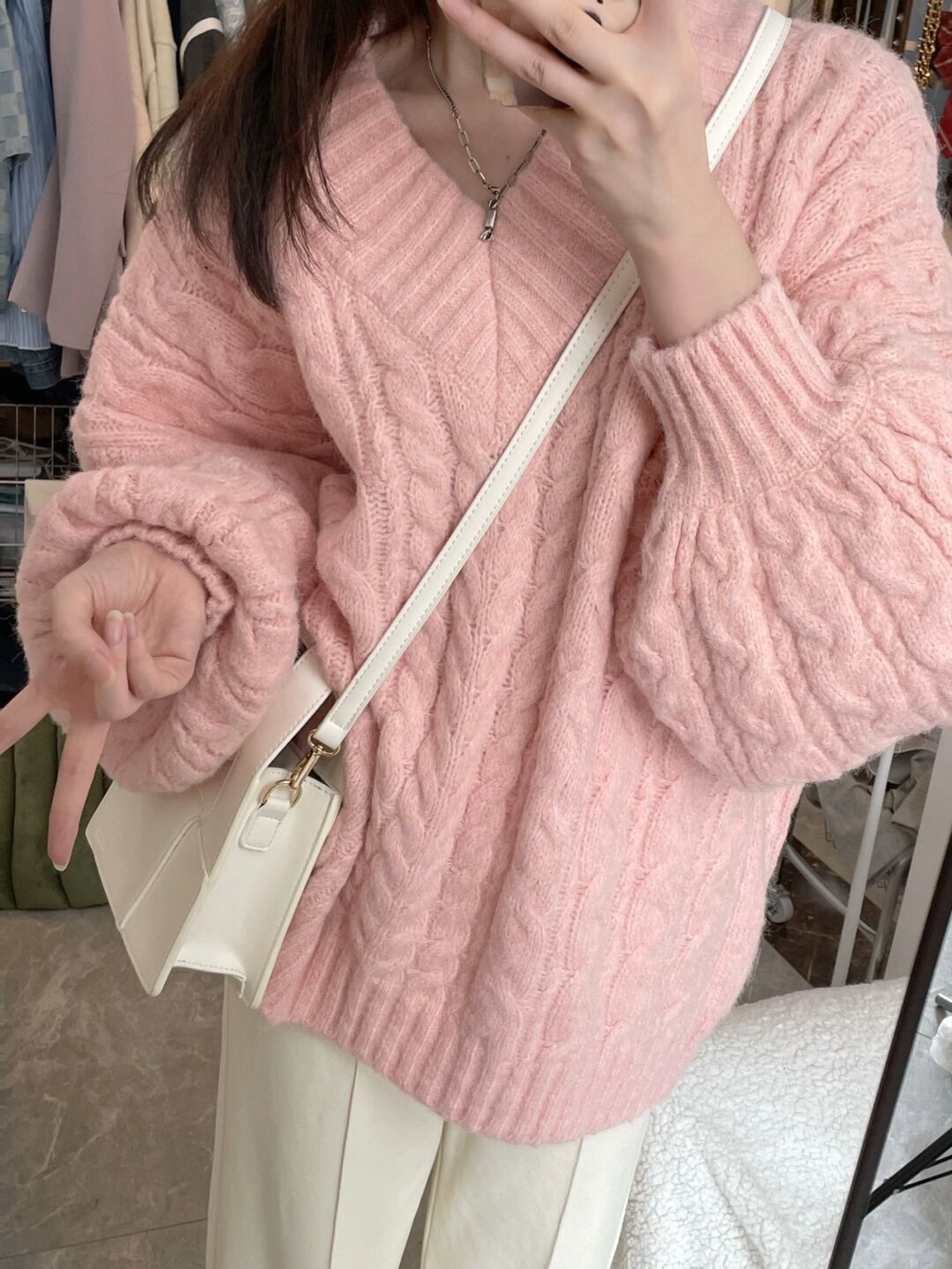 Damen Strickpullover Strukturiertes Kabelmuster Voluminöse Ärmel