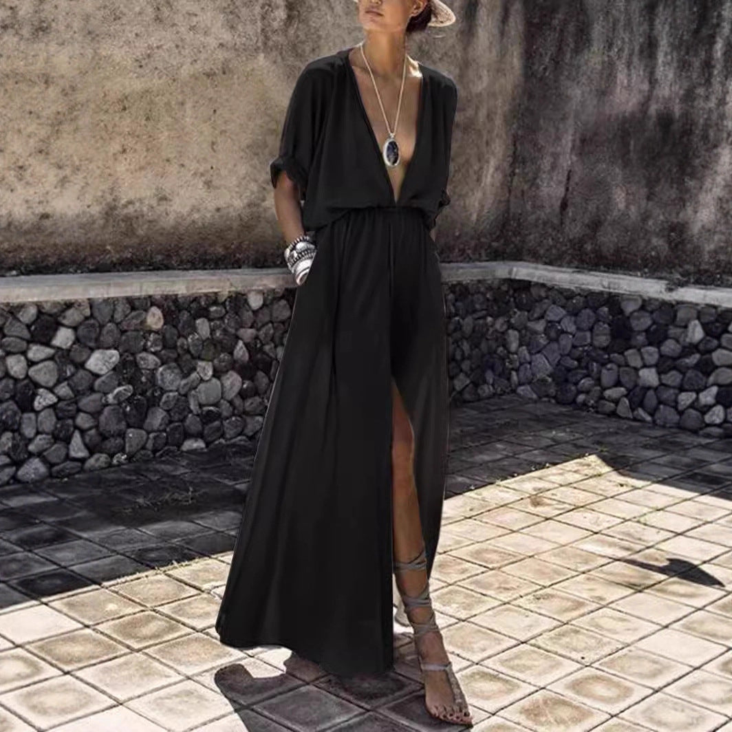 Damen Maxikleid V-Ausschnitt Hochschlitz Norvielle