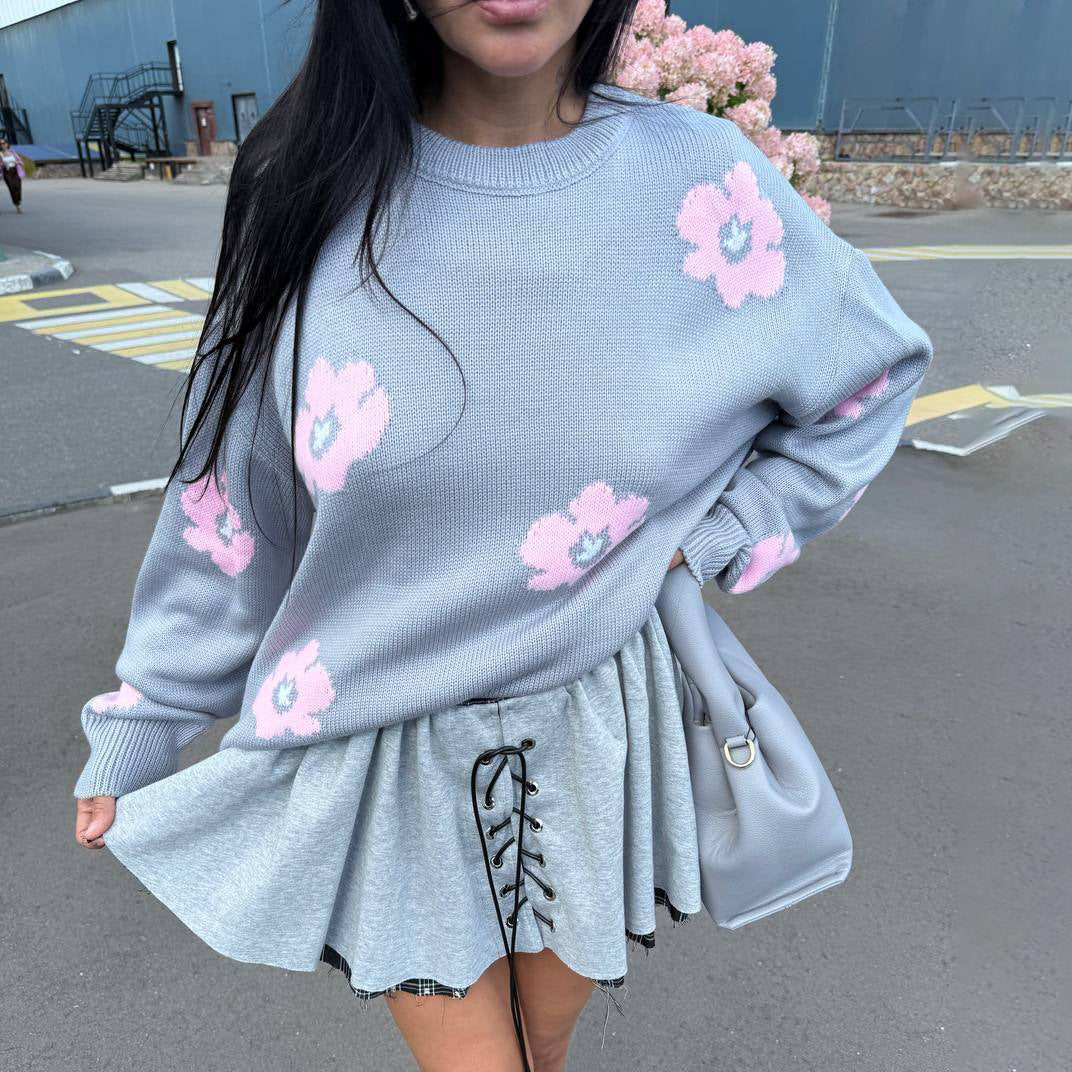 Damen Pullover Grobgestrickt Blumenmuster