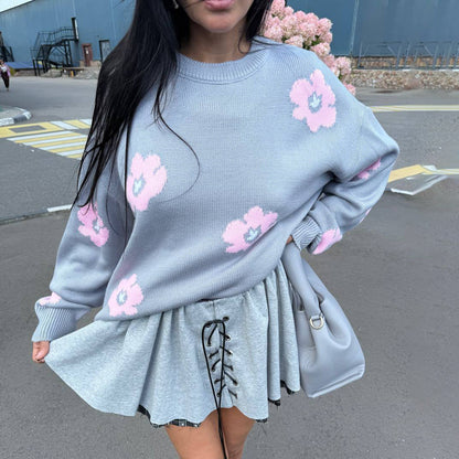 Damen Pullover Grobgestrickt Blumenmuster