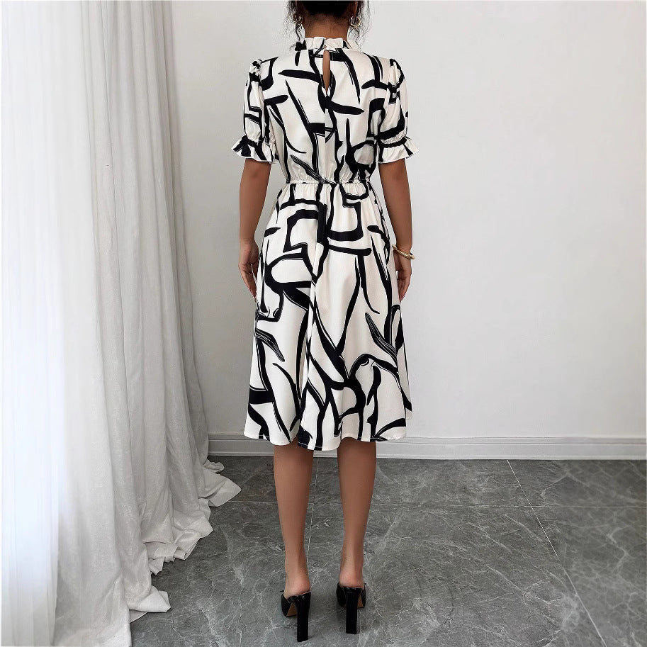 Damen Midi-Kleid Pflanzenmuster Gummizug