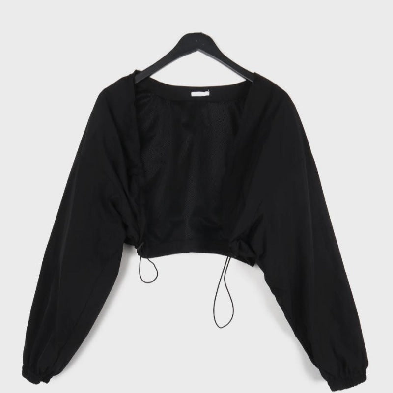 Damen Cropped Langarmbluse Rüschen Norvielle