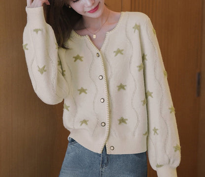 Damen Strickjacke Floralmuster Knöpfe Beige