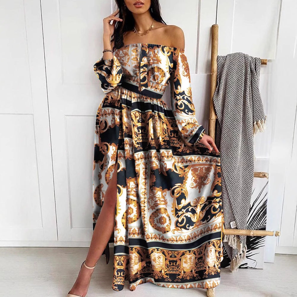 Damen Maxikleid Schulterfrei Elegant Print