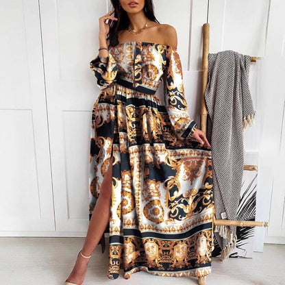 Damen Maxikleid Schulterfrei Elegant Print