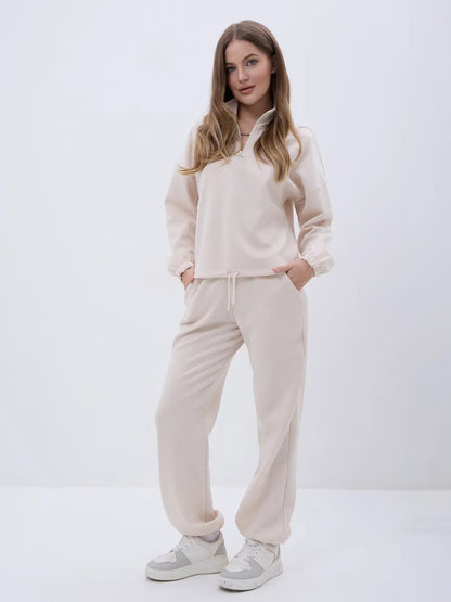 Damen Fleece-Jogginganzug Elastisch Beige