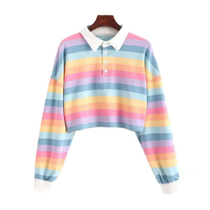 Damen Poloshirt Bunt Streifen Weit Cropped