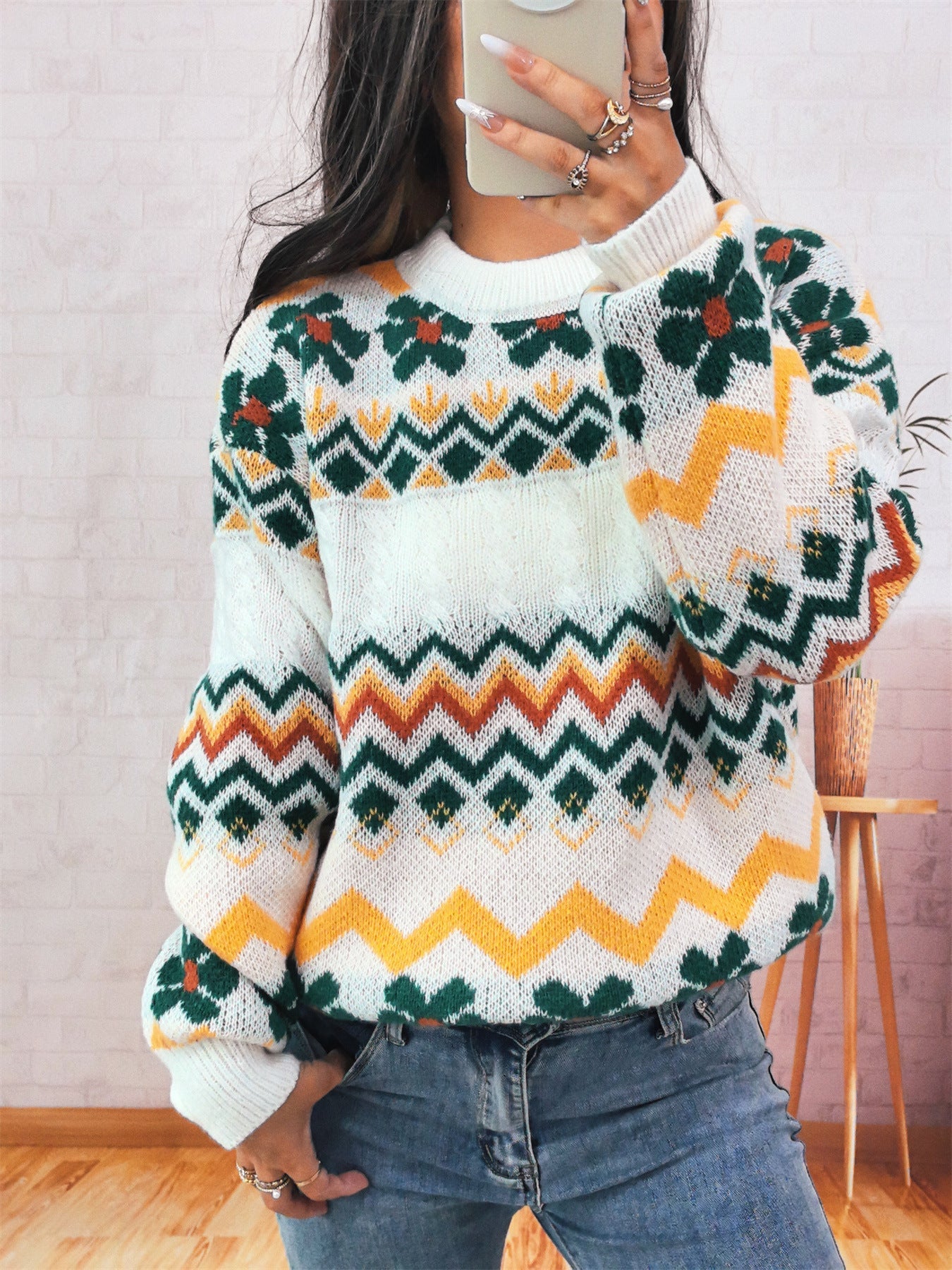 Damen Grobstrickpullover Bunt Geometrisches Muster
