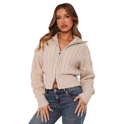 Damen Strickcardigan Kurz Zopfmuster Reißverschluss Norvielle