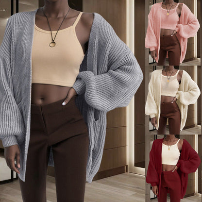 Damen Grobstrick-Cardigan Voluminöse Ärmel Praktische Taschen - Norvielle