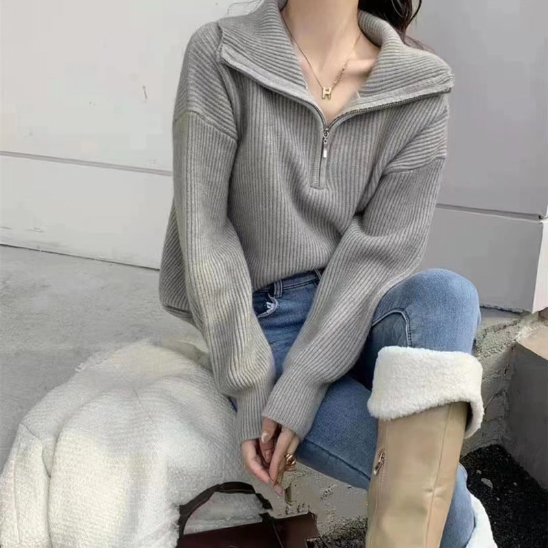 Damen Strickpullover Hochkragen Halbzipp Norvielle