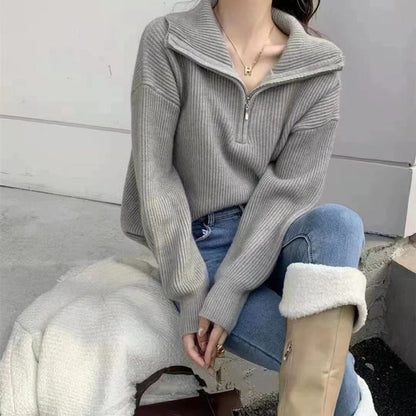 Damen Strickpullover Hochkragen Halbzipp Norvielle