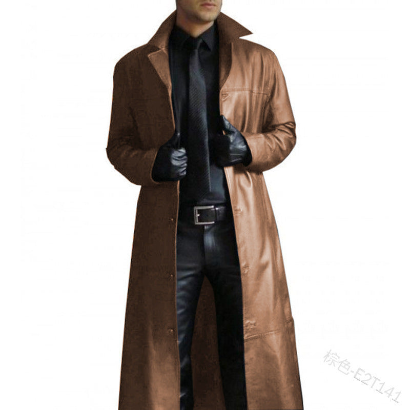 Herren Trenchcoat Langer Mantel Vegan Leder Schwarz - Norvielle
