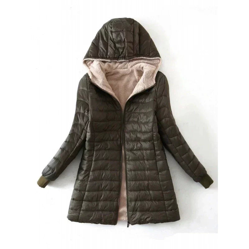 Damen Pufferjacke Mittellang Wattiert Kapuze Plüschfutter