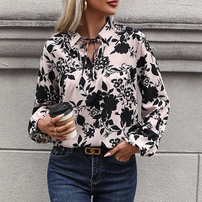 Damen Bluse Dekorativer Knoten Blumenmuster