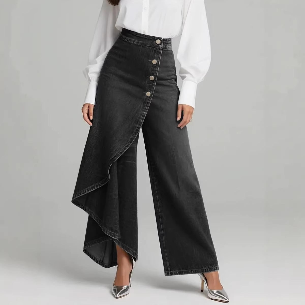 Damen Jeansrock Asymmetrisch Knopfdetails