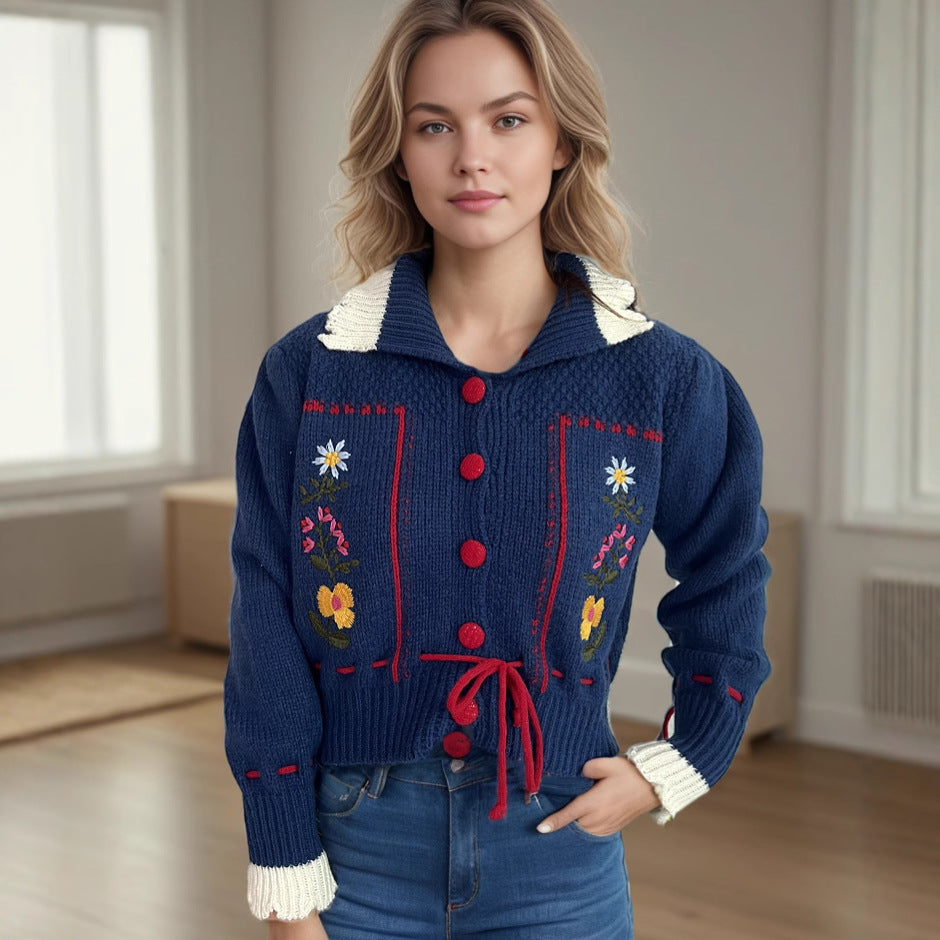 Damen Strickjacke Blumenstickerei Kordelzug Norvielle - Norvielle